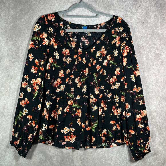 Old‎ Navy Top Womens Large Black Floral Long Sleeve V-Neck Smocked Boho Casual - Picture 1 of 8